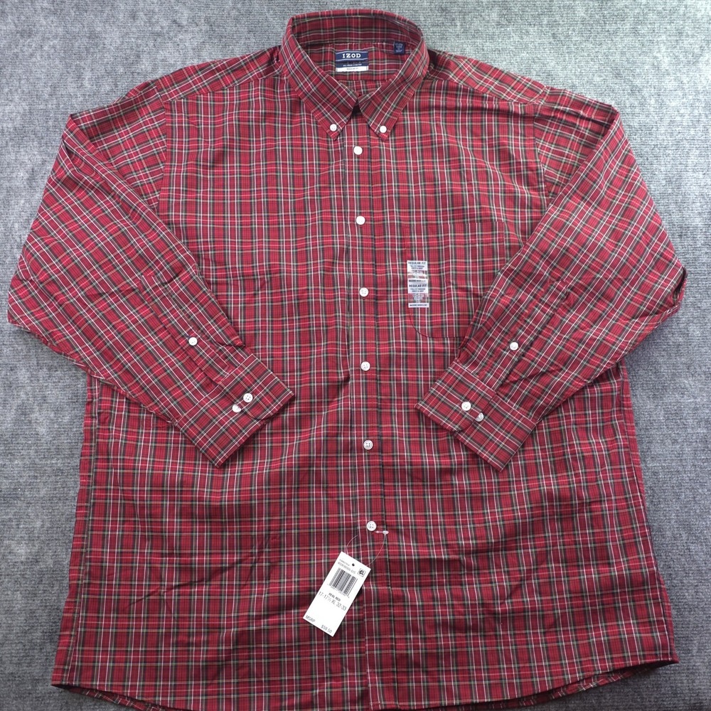 New Izod Shirt XL 17 17.5 32/33 All Over Stretch Red Check‎ Long Sleeve Button